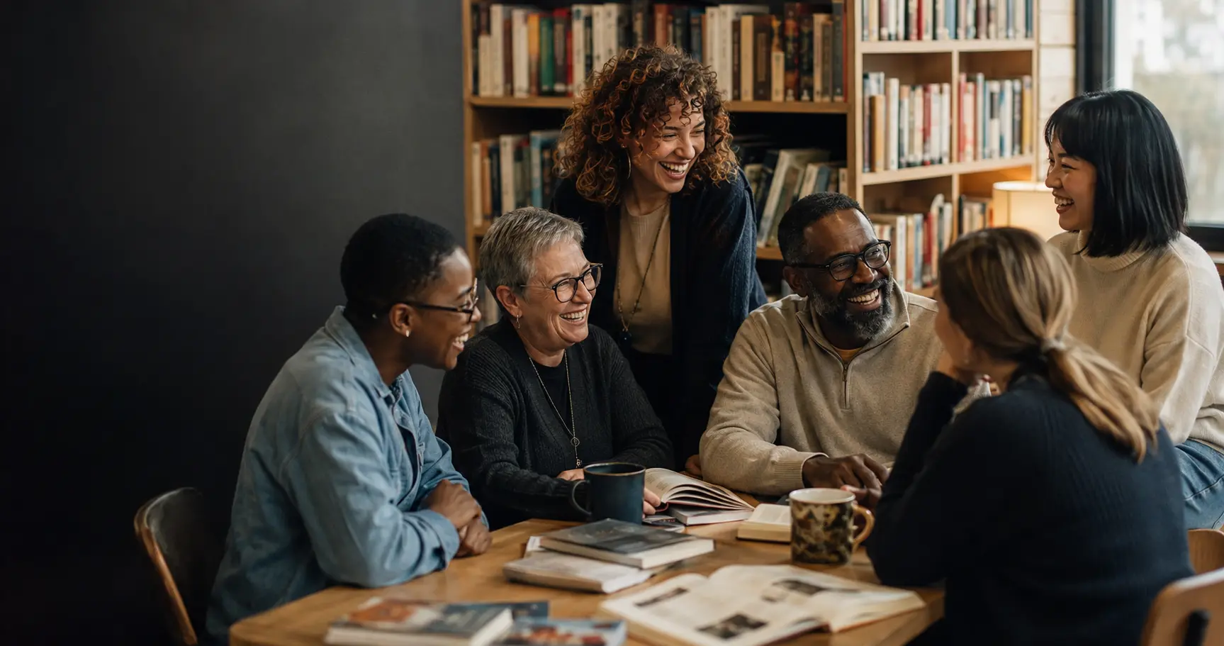 A diverse group of librarians laughing together around a table with books