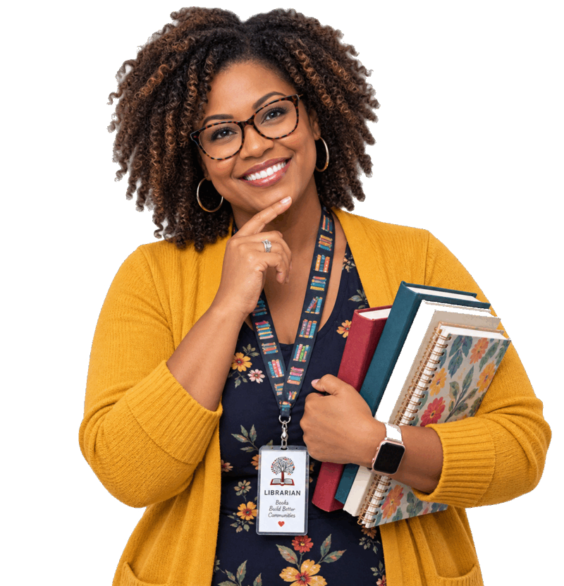 A smiling librarian holding books and a floral notebook