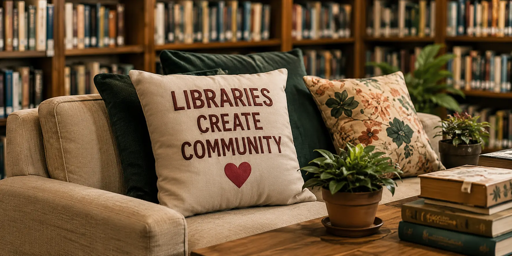 A welcoming library sofa with books, plants and a Libraries Create Community cushion