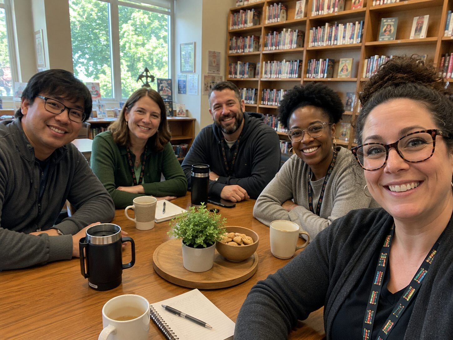 Five librarians smiling together around a table in a bright library